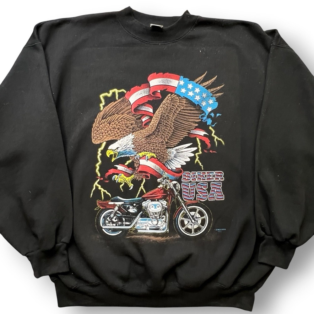 Vintage Biker USA Eagle Lightning Motorcycle Sweatshirt 2XL Black 90s Graphic